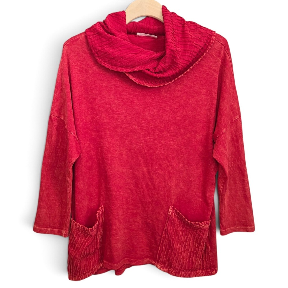 Jess & Jane Tunic Top S Oversized Red Mineral Wash Cowl Neck Pockets Art To Wear